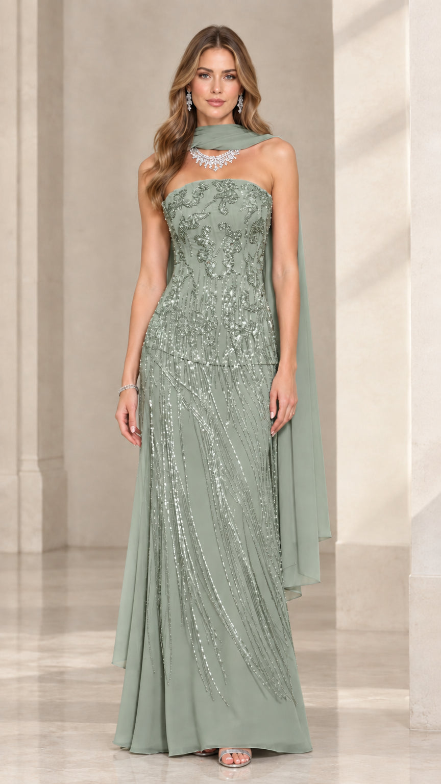 Sage Green beaded strapless formal maxi gown