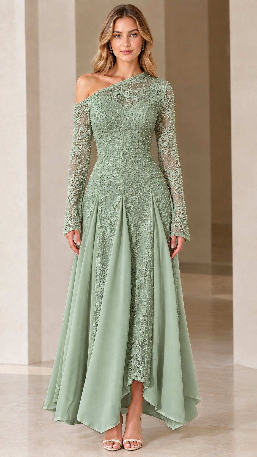 Sage Green asymmetrical long-sleeve lace evening gown