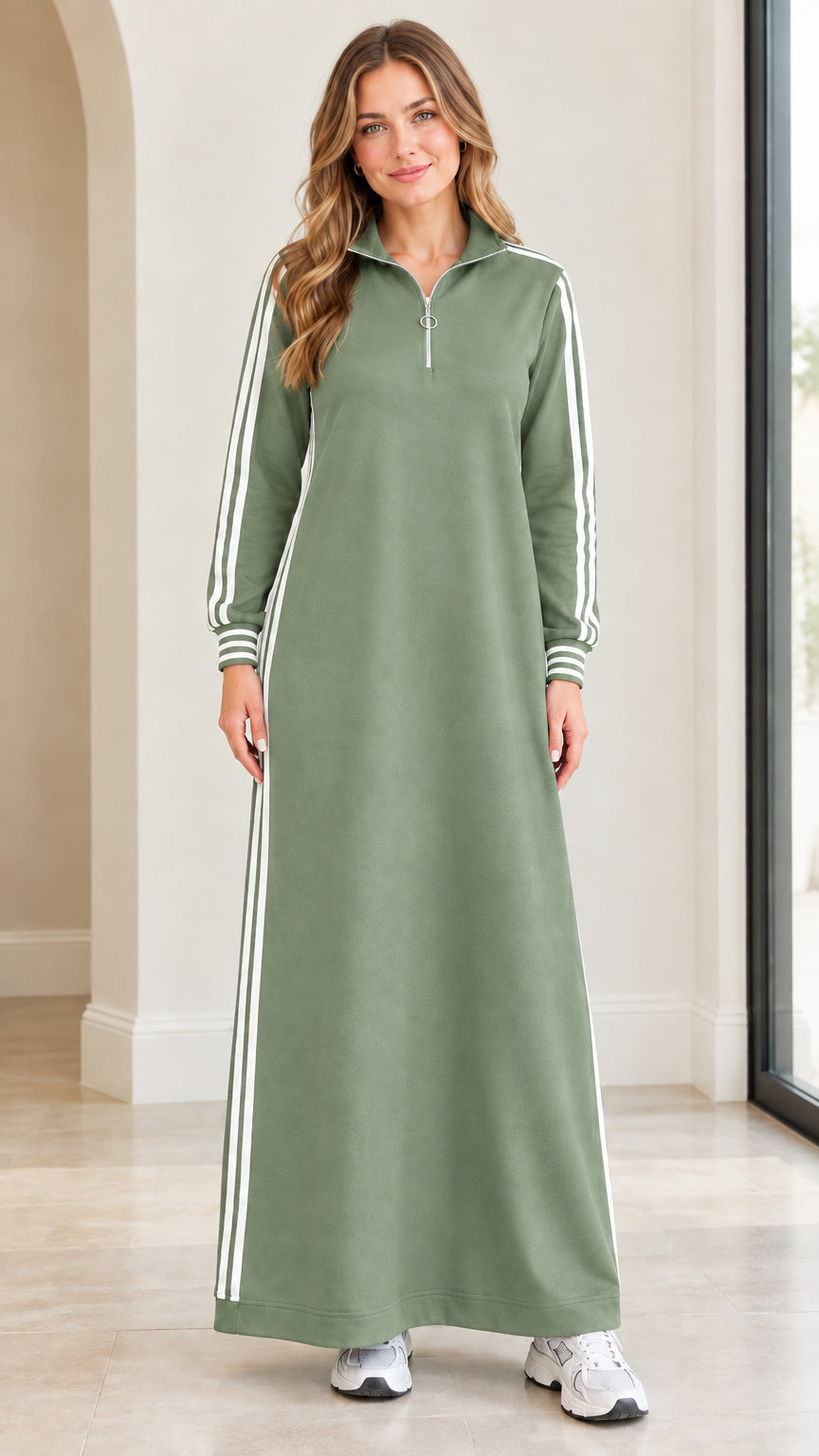 Front view of sage green athletic striped half-zip maxi dress
