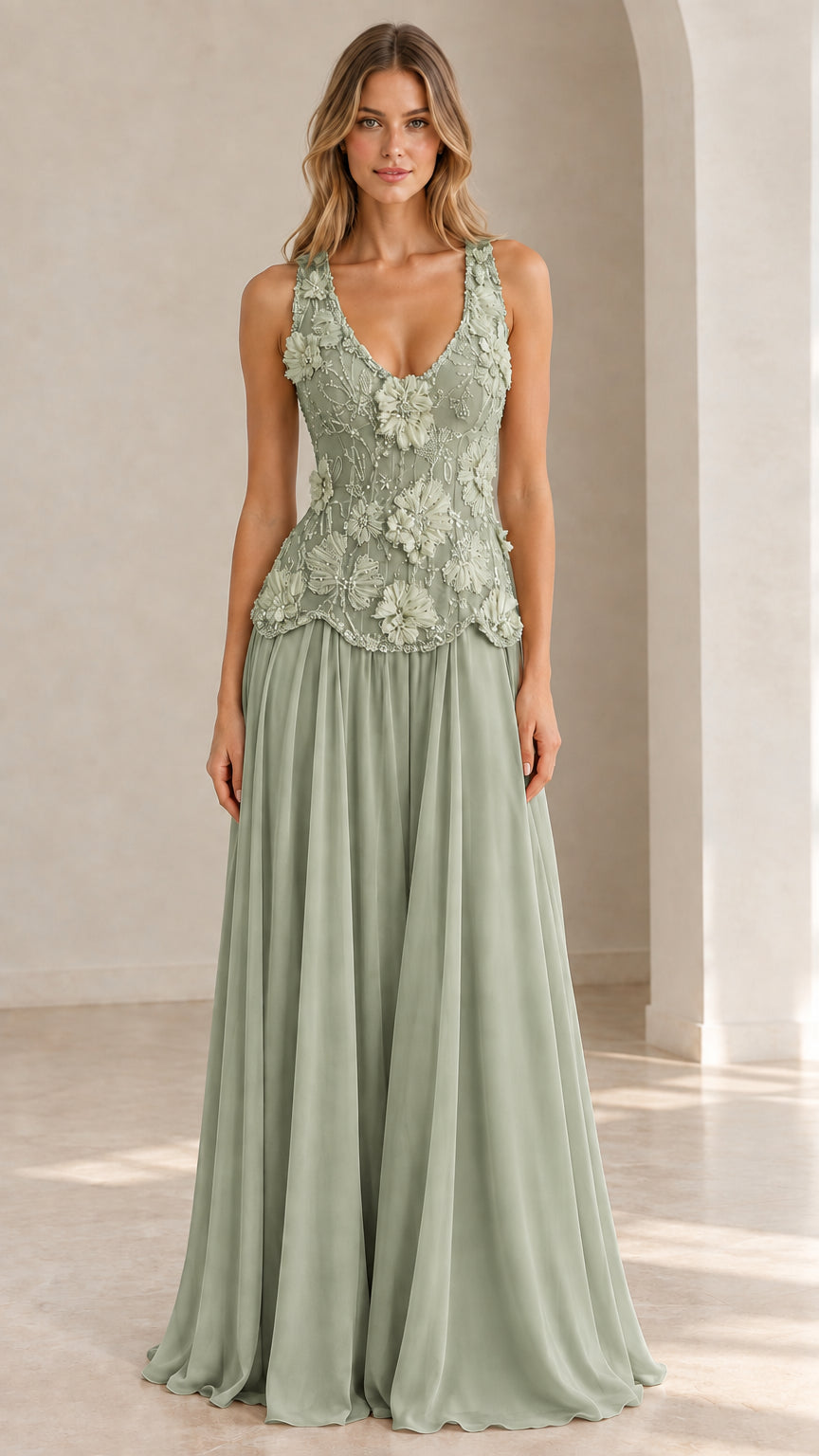 Model wearing Sage Green floral applique sleeveless evening dress