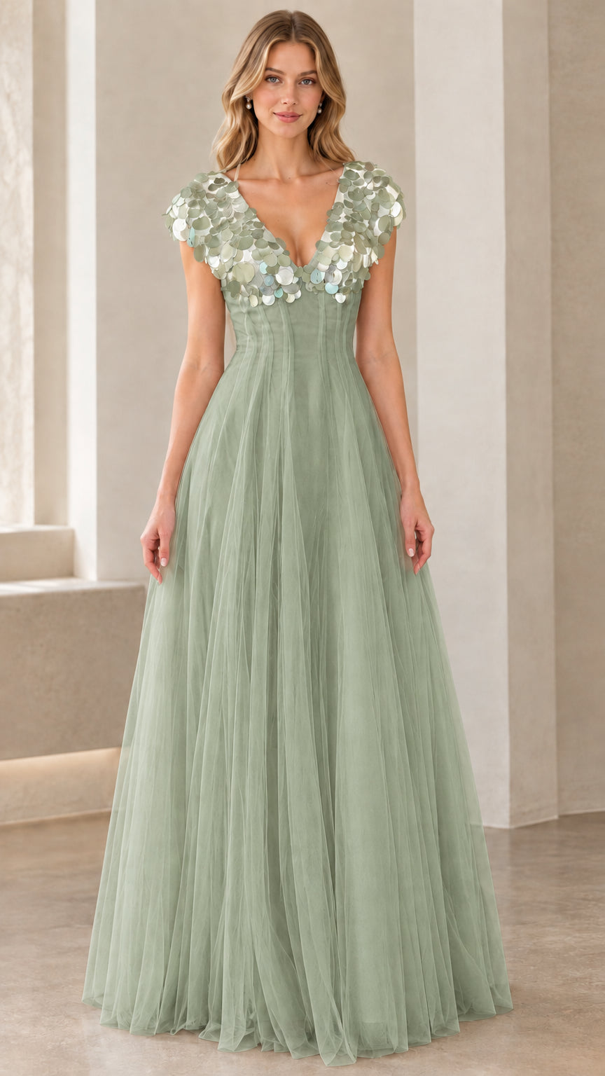 Model wearing sage green sequin embellished tulle evening gown