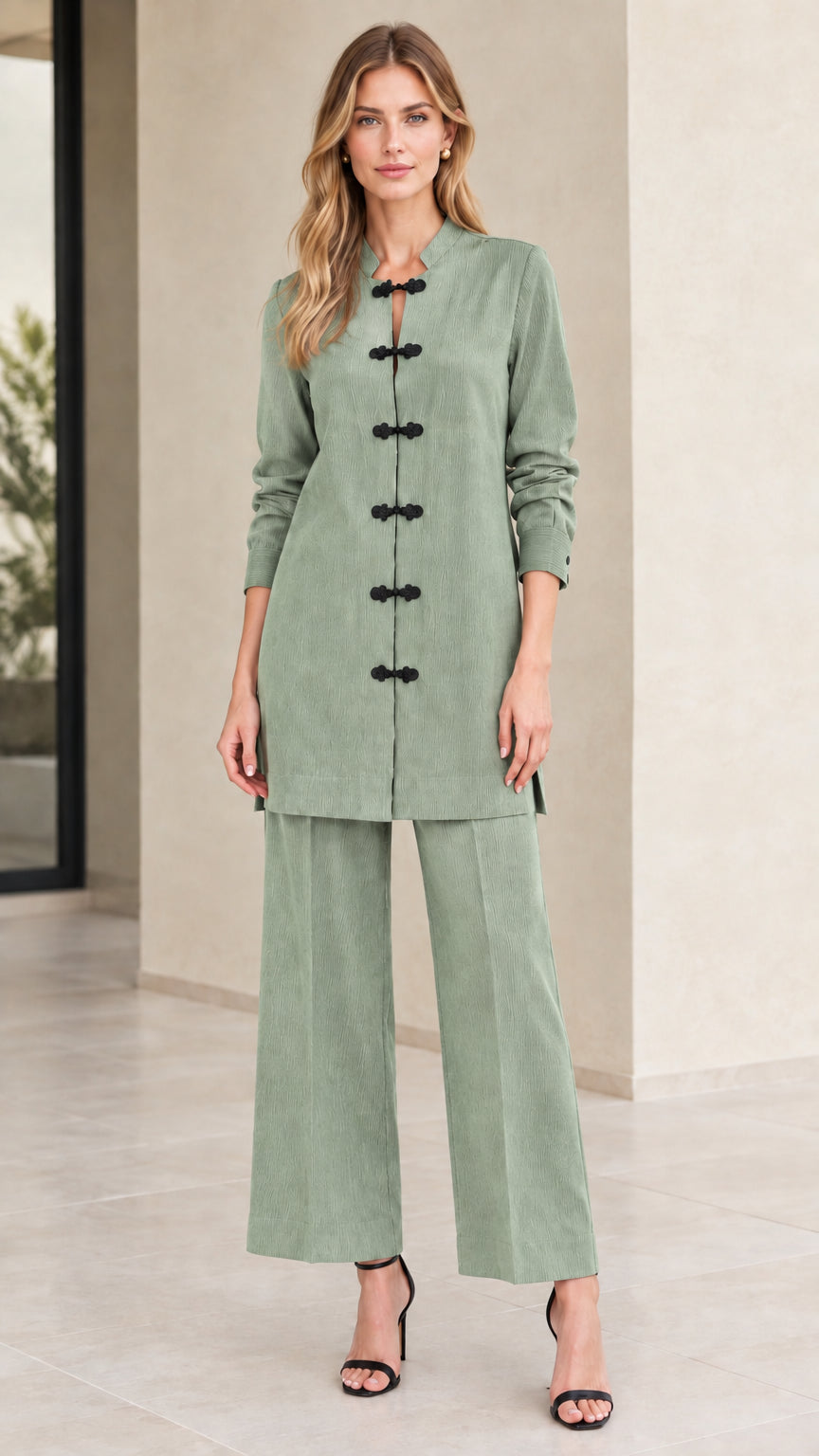 Front full-length view of woman wearing Sage Green mandarin collar tunic top and wide leg pants set