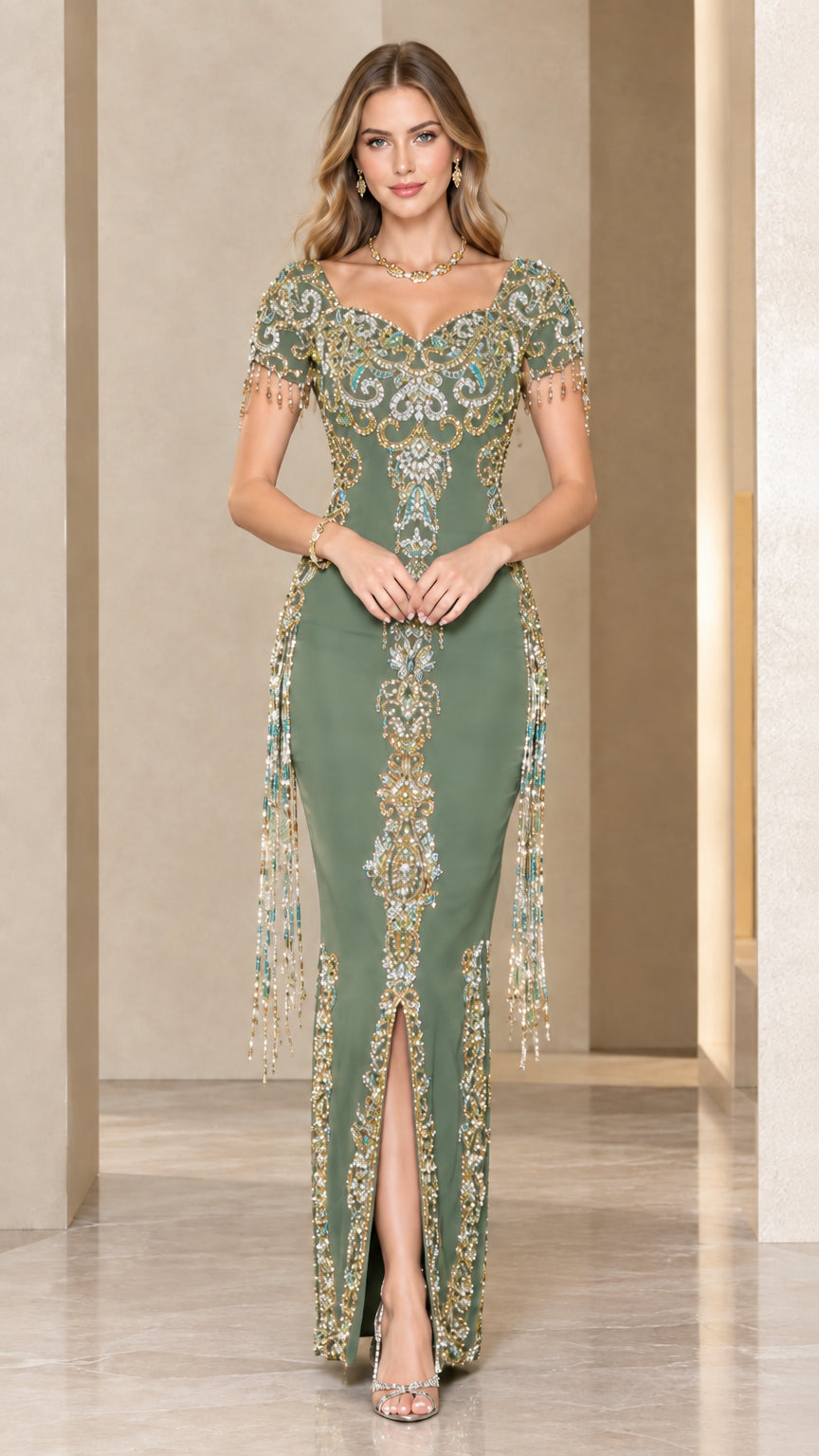 Sage green embellished column evening gown with sweetheart neckline and fringe accents