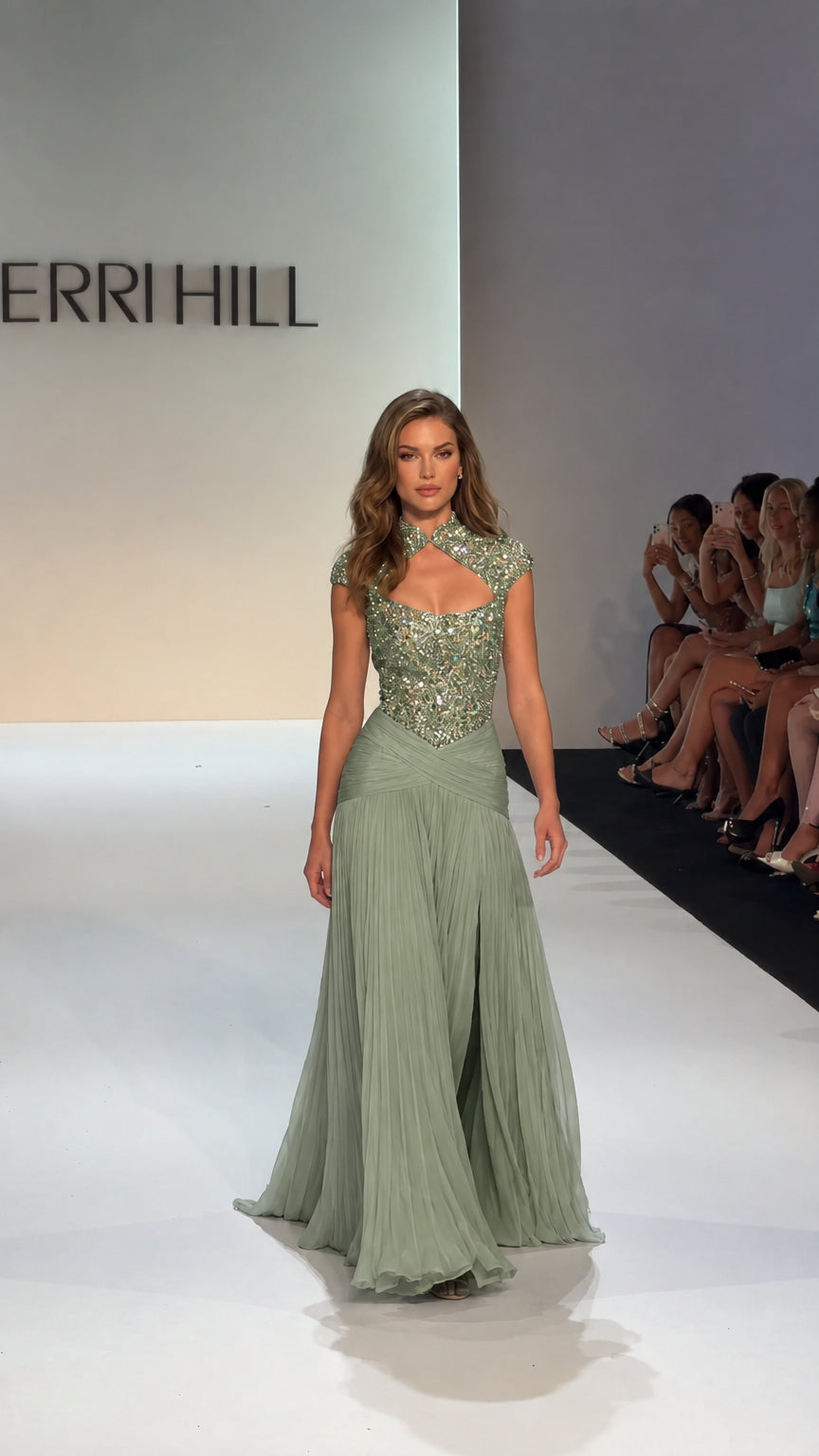 Model wearing Sage Green beaded bodice pleated maxi formal dress