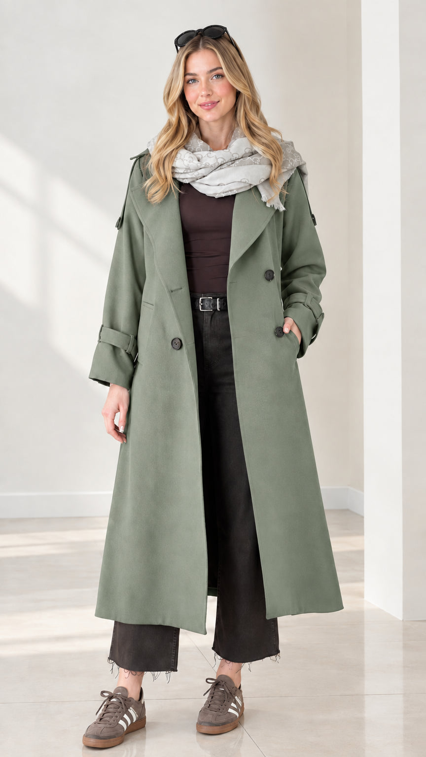 Model wearing sage green long belted trench coat
