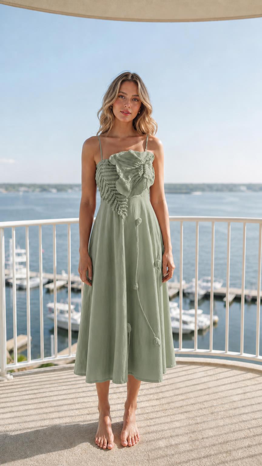 Front view of woman wearing sage green ruffled midi dress