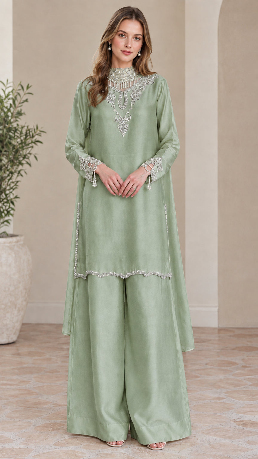 Front view of sage green embellished tunic and wide leg pants set