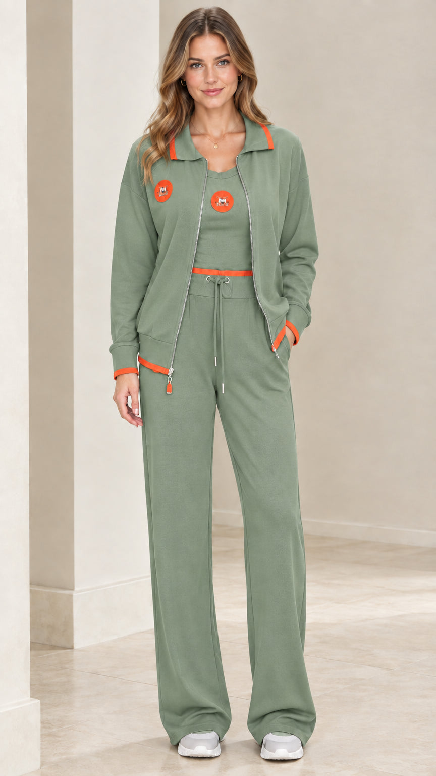 Full front view of sage green 3-piece tracksuit set with orange accents
