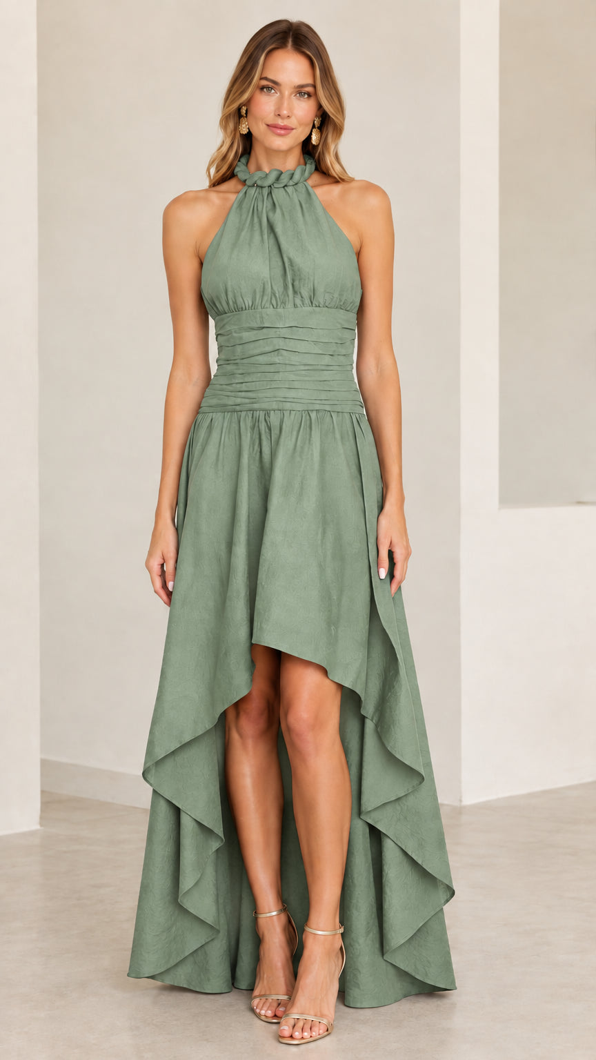 Model wearing sage green halter neck cascading high-low gown