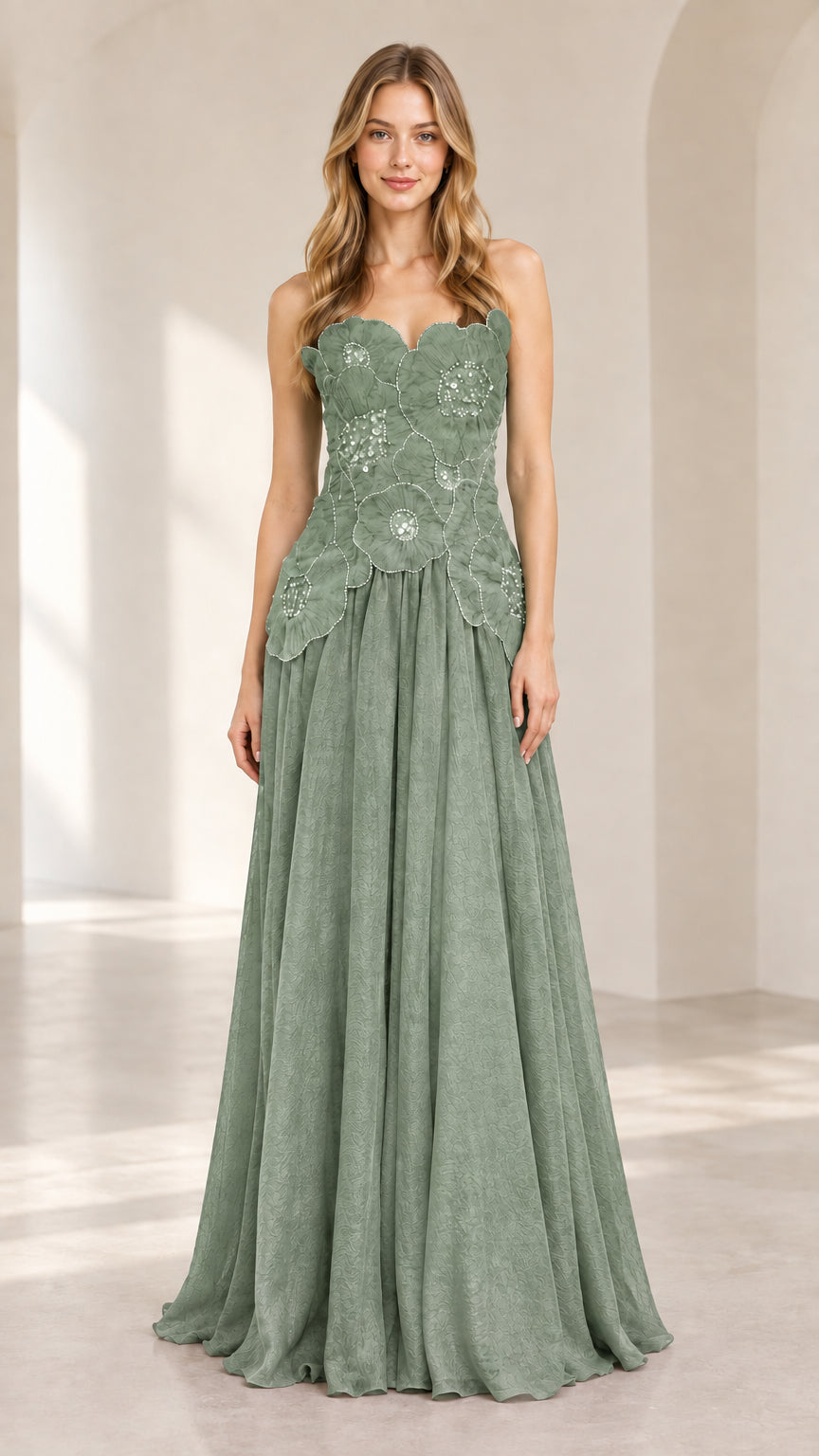 Front view of model wearing sage green strapless floral chiffon evening gown