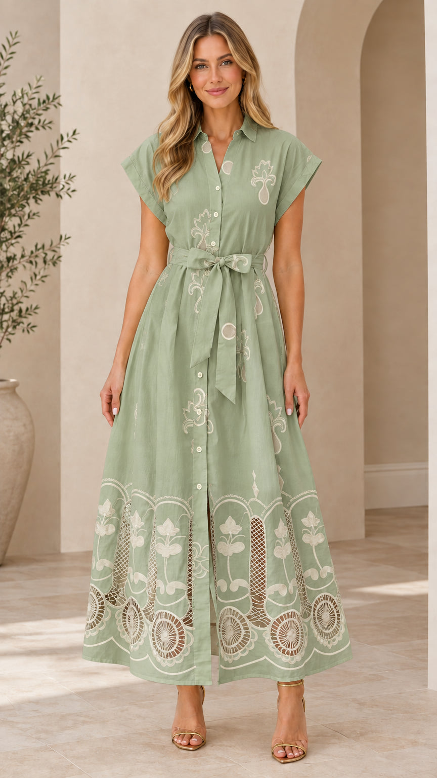 Front view of sage green embroidered button-front maxi shirt dress
