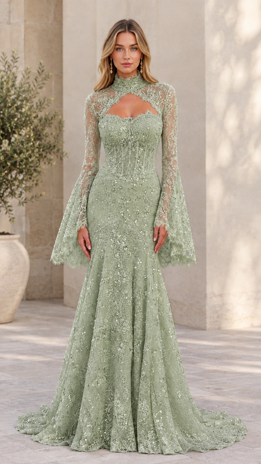 Front view of model wearing sage green lace mermaid formal gown with bell sleeves