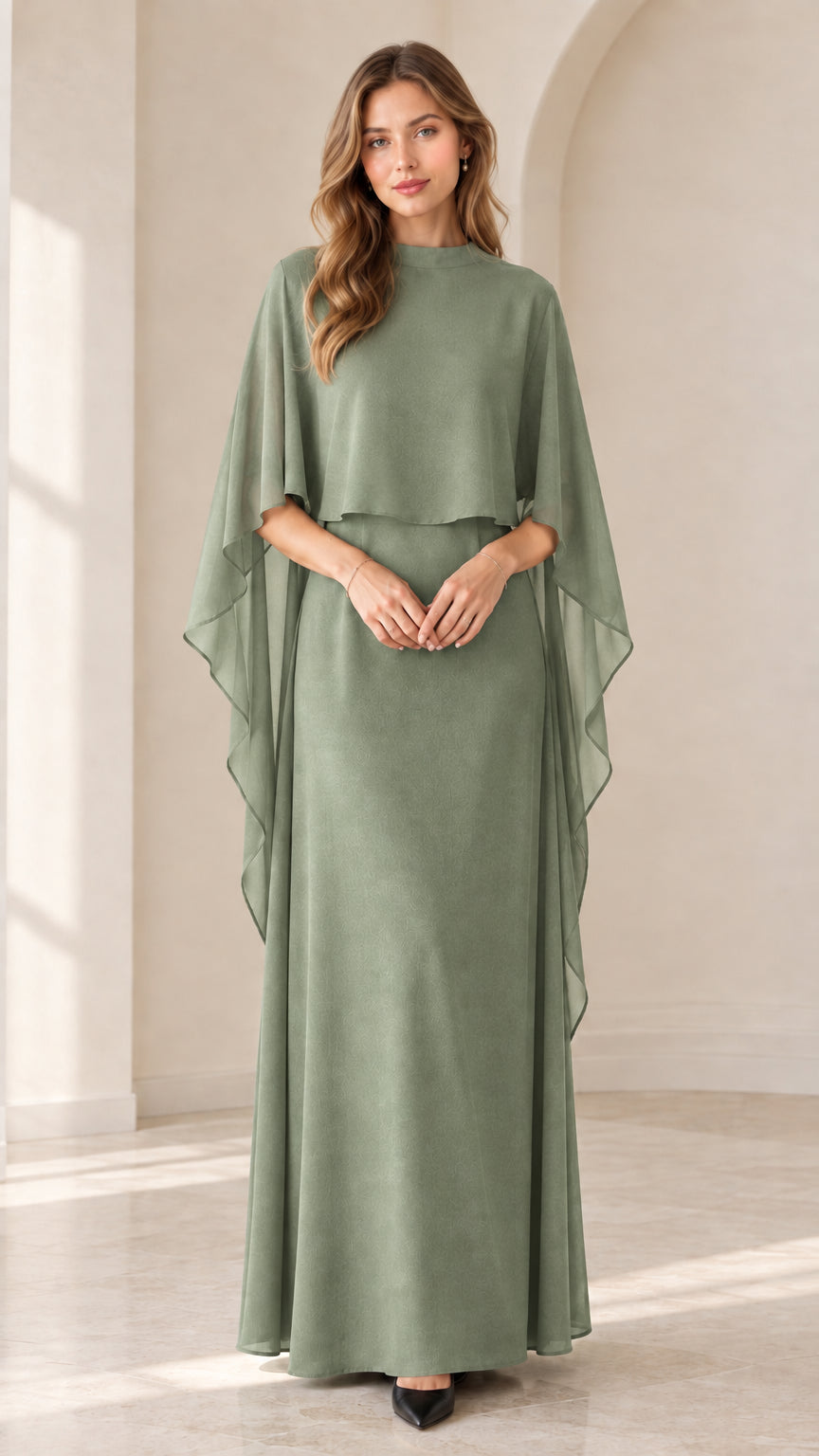Sage green capelet chiffon formal maxi gown