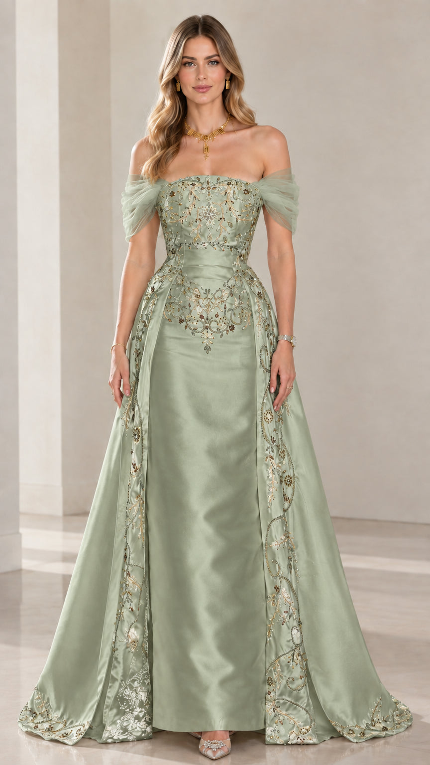 Front view of sage green satin embroidered A-line formal gala dress