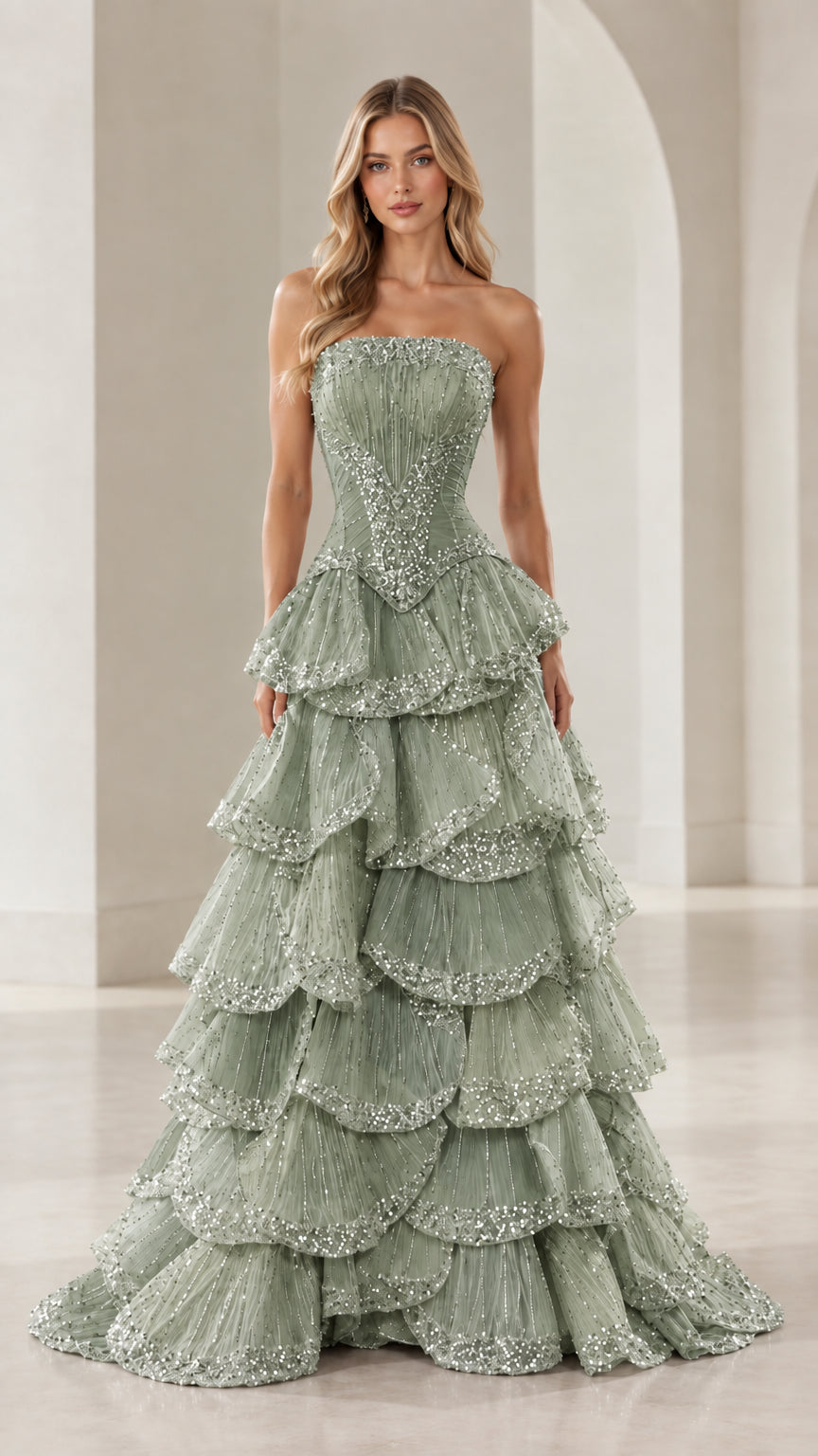 Front view of sage green strapless tiered ruffle evening gown with beaded Basque bodice