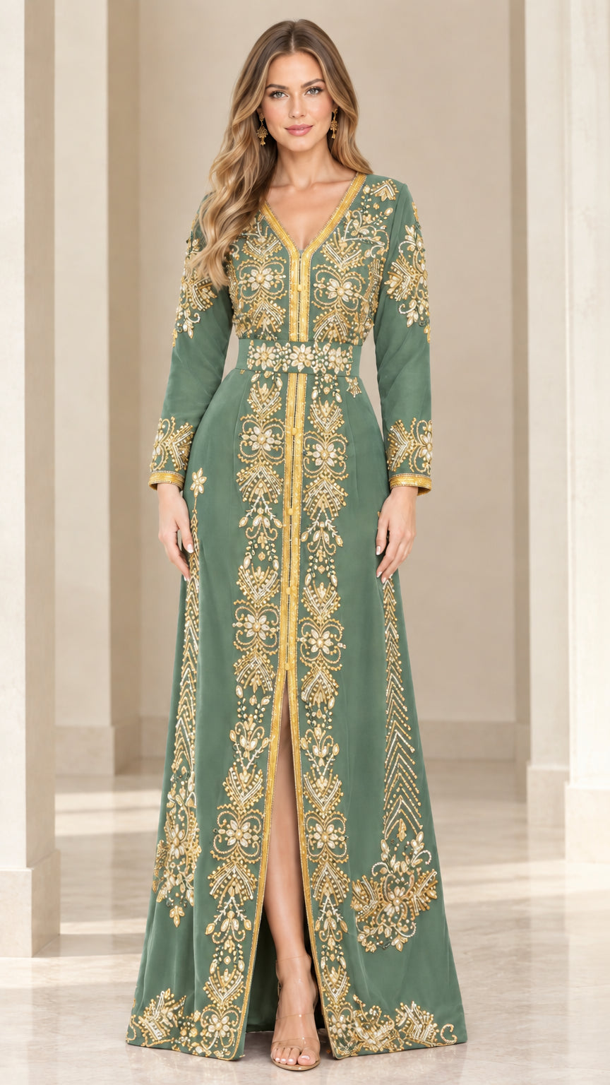 Sage green velvet embroidered evening maxi gown front view