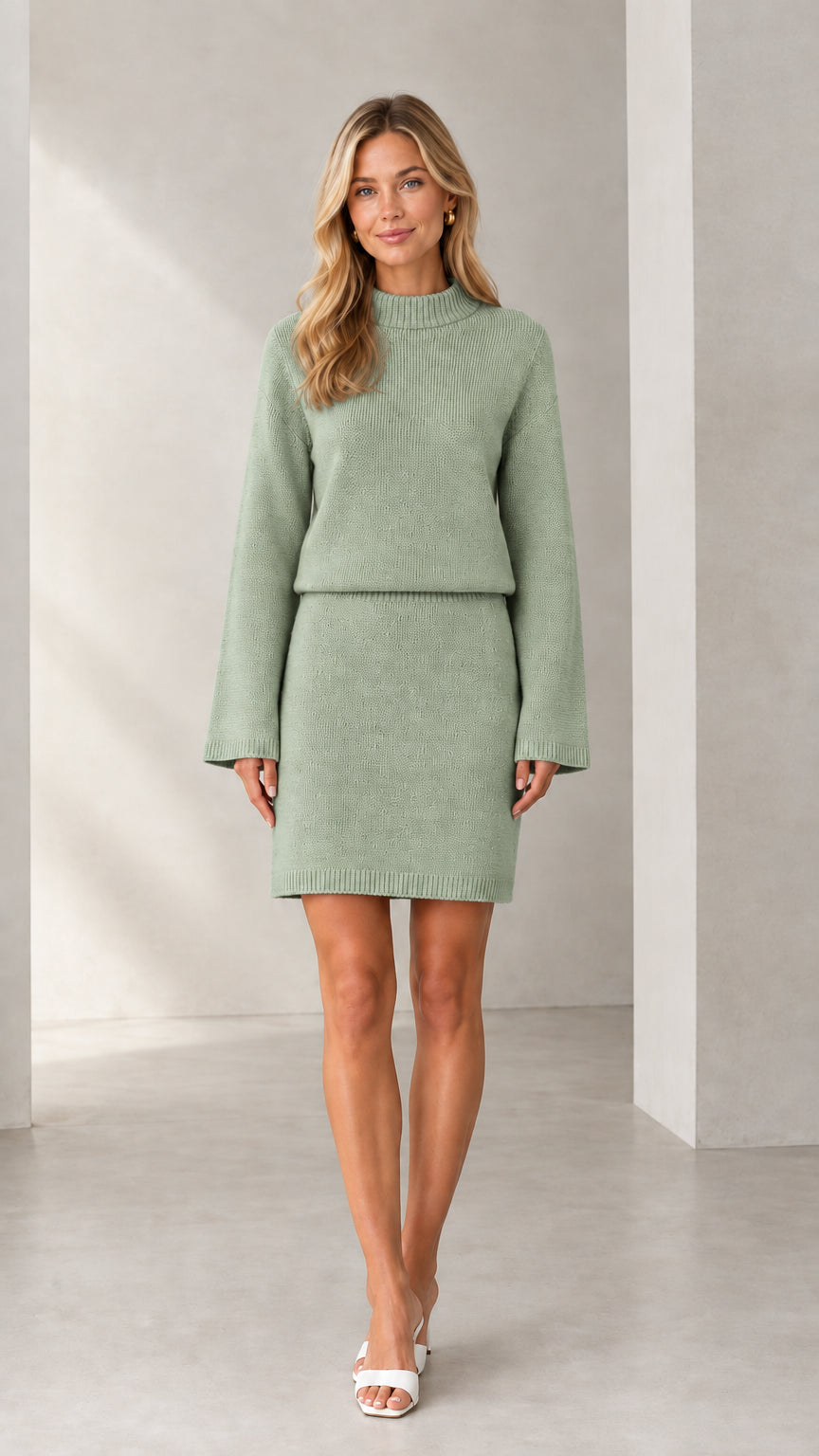 Front view of woman wearing sage green knit sweater and mini skirt set