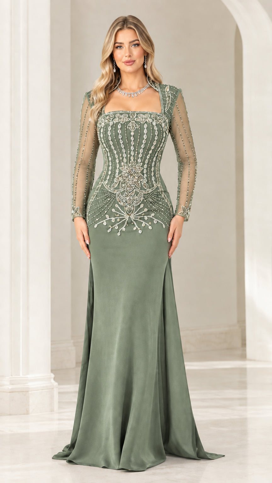 Front full-length view of sage green beaded long sleeve floor-length evening gown