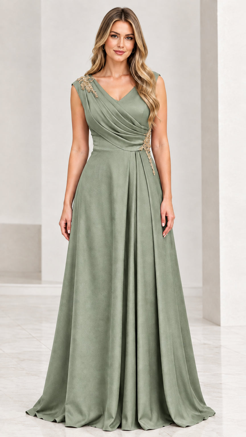 Front view of sage green pleated V-neck floor-length formal gown