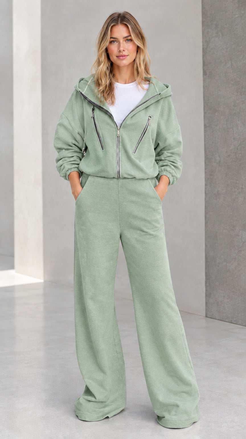 Women's sage green zip-up hoodie and wide leg pants tracksuit set