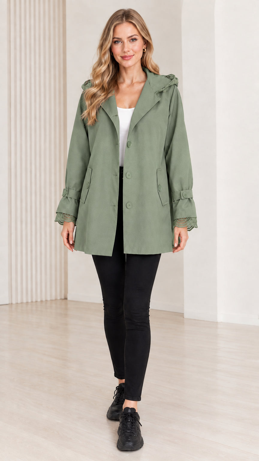 Women's sage green lace-trim hooded trench coat front view
