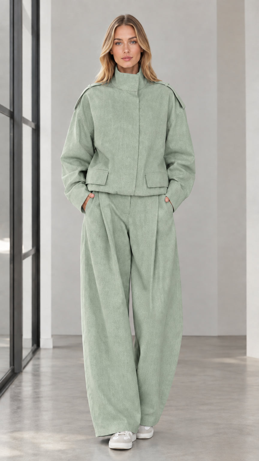 Full front view of woman wearing Sage Green cropped jacket and wide leg trousers set
