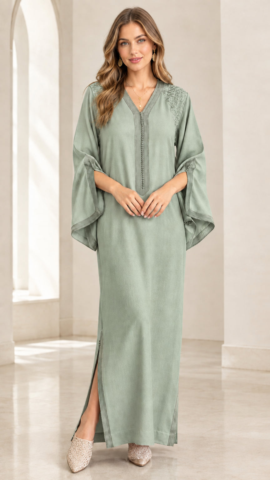 Front full-length view of woman wearing Sage Green embroidered kaftan maxi dress