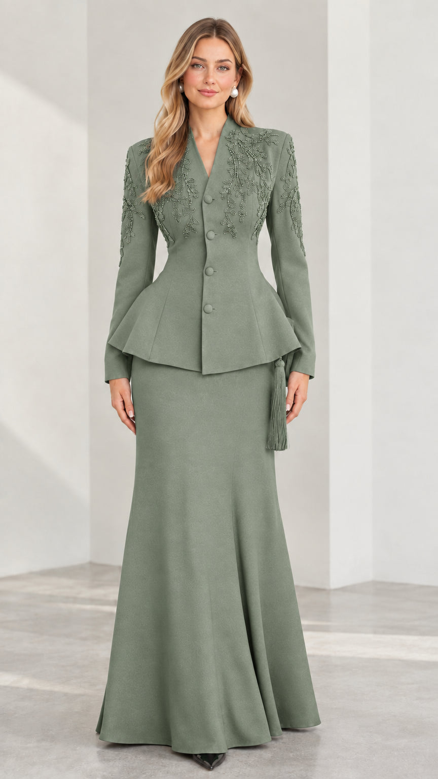 Front view of sage green two-piece peplum jacket and maxi skirt formal suit