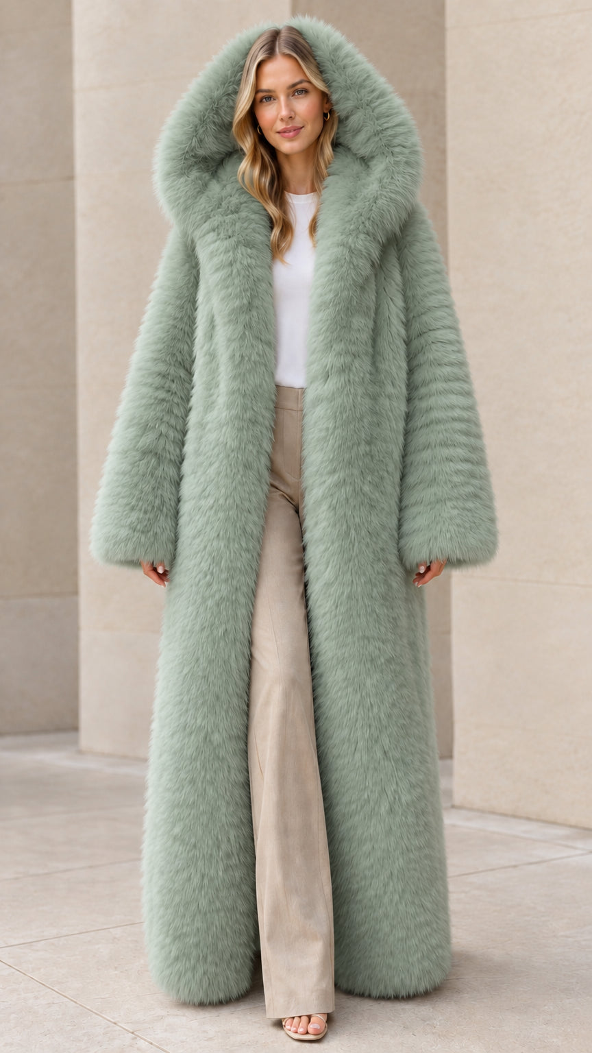 Women's sage green floor-length hooded faux fur overcoat