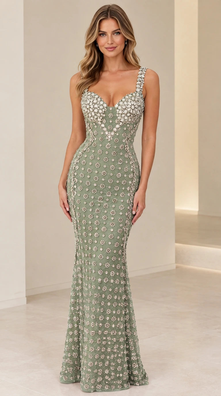 Model wearing sage green rhinestone-embellished sweetheart mermaid evening gown