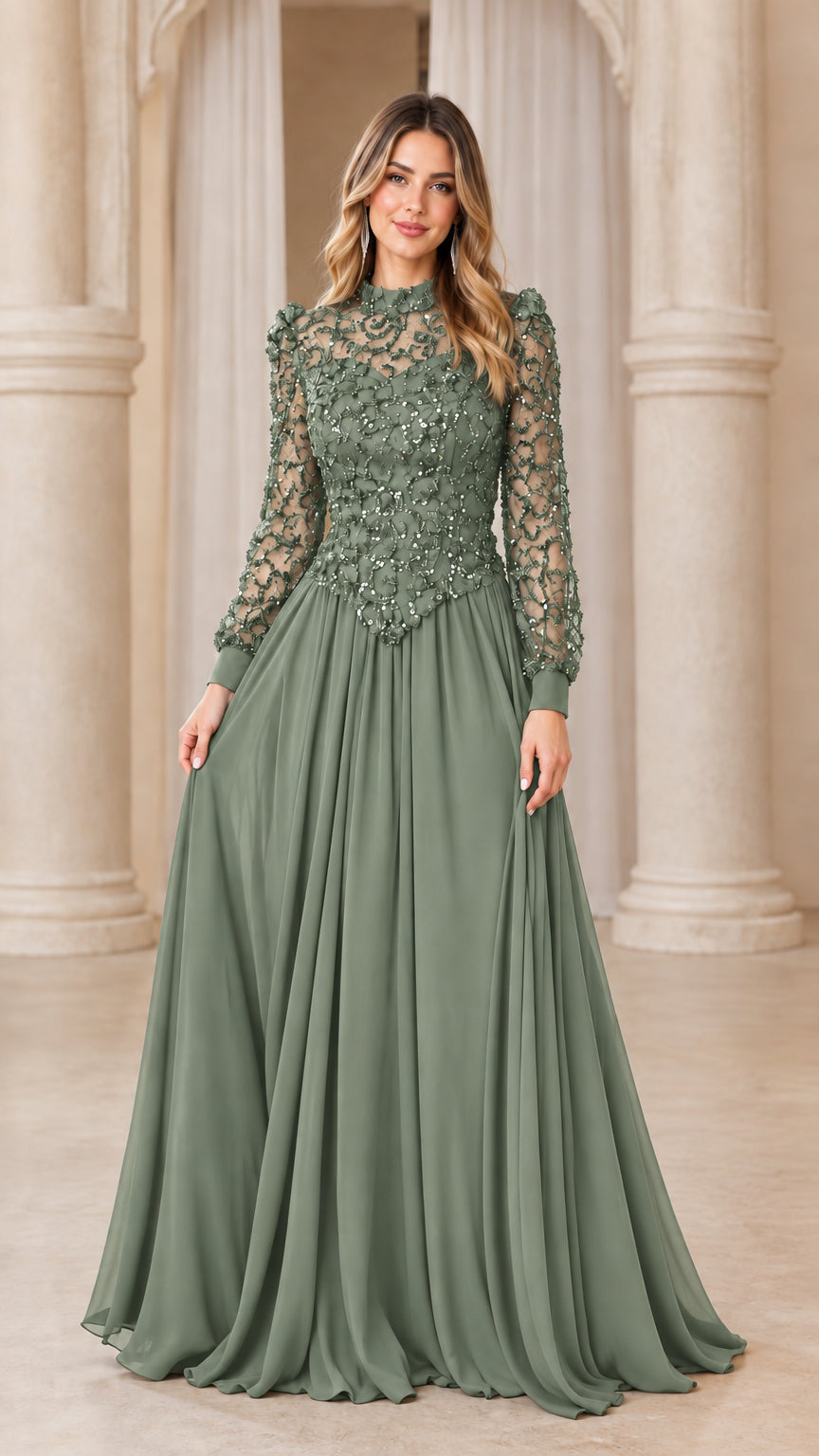 Front full view of woman wearing sage green long sleeve beaded lace evening gown