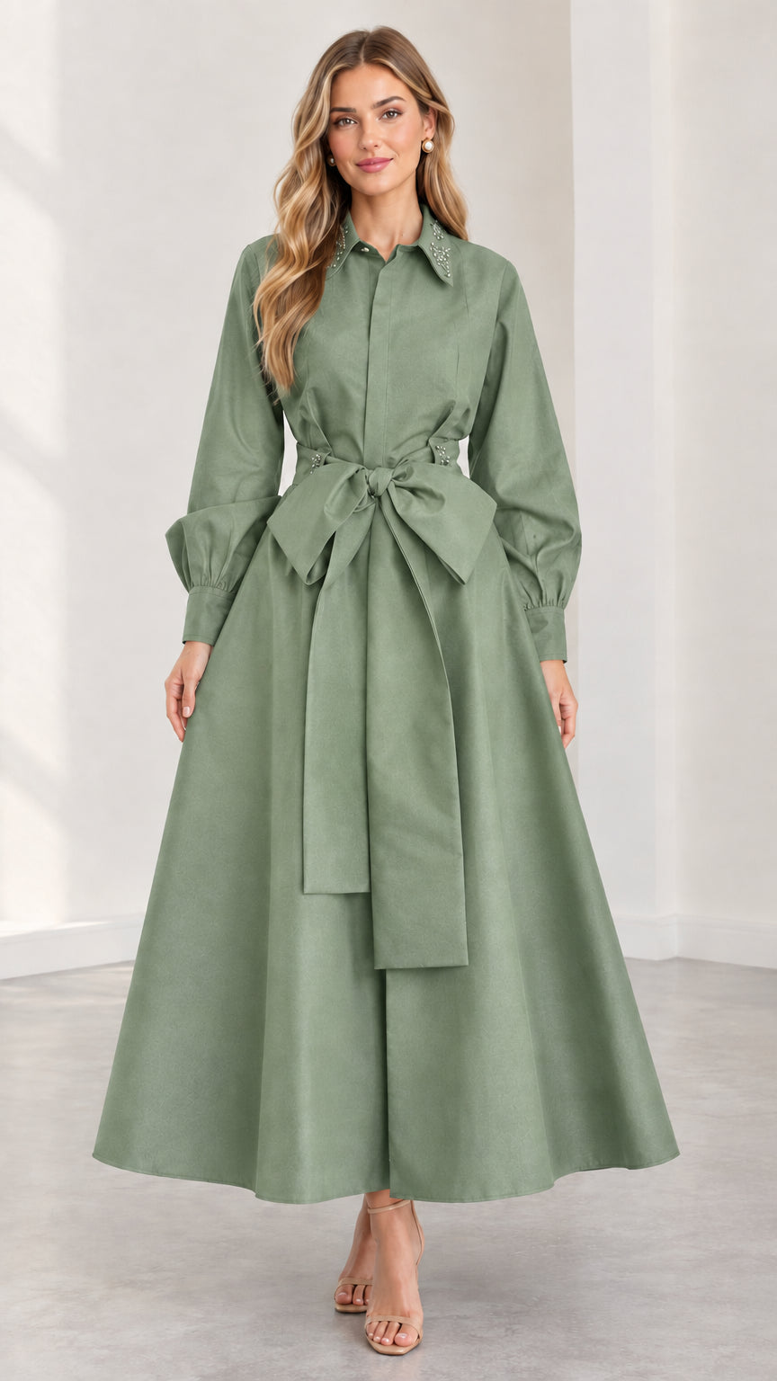 Model wearing sage green embellished collar maxi shirt dress
