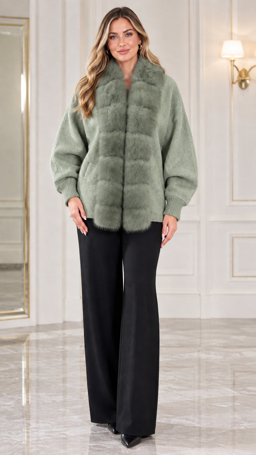 Women's sage green knit cardigan jacket with matching faux fur collar trim
