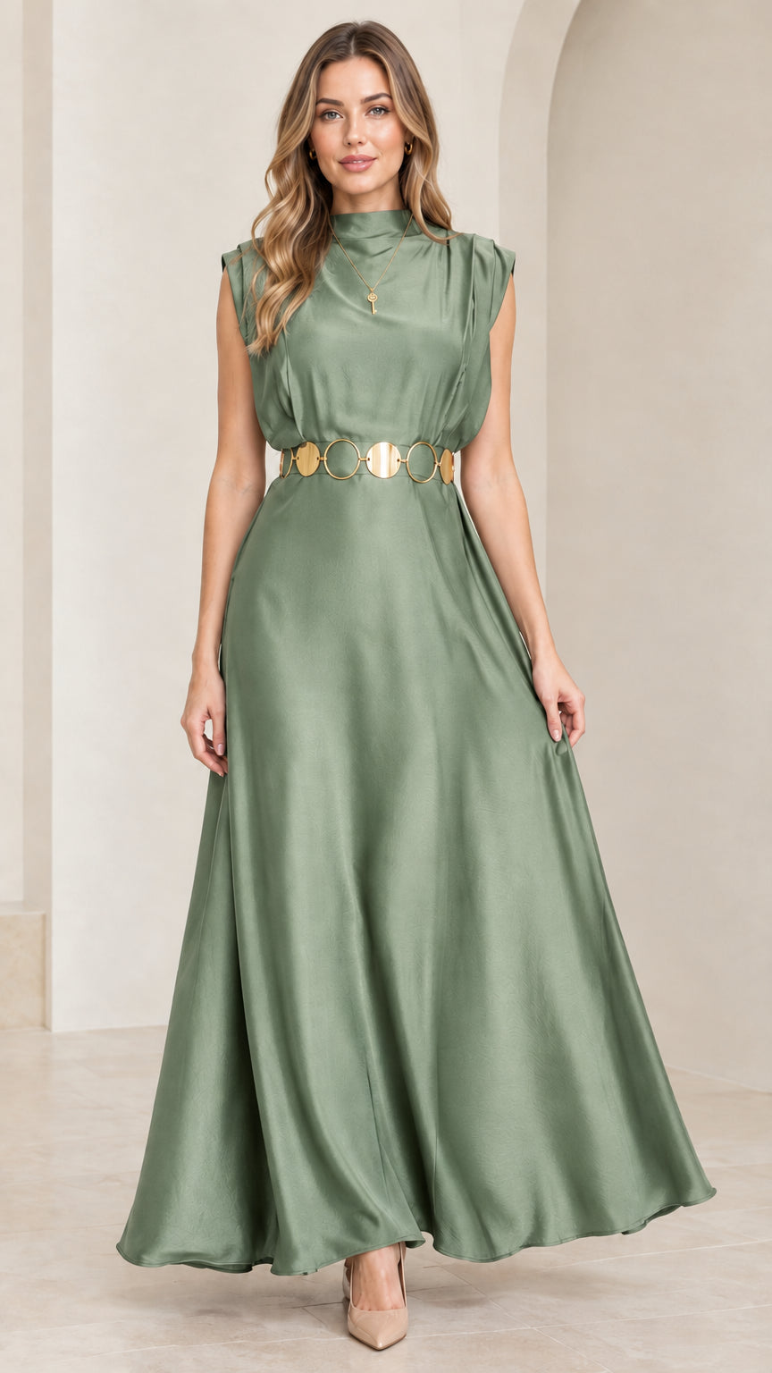 Model wearing sage green mock neck satin maxi evening gown