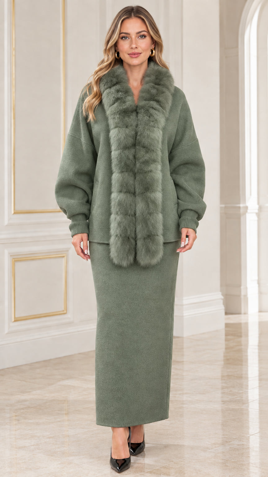 Sage green two-piece skirt set with plush faux fur shawl collar cardigan