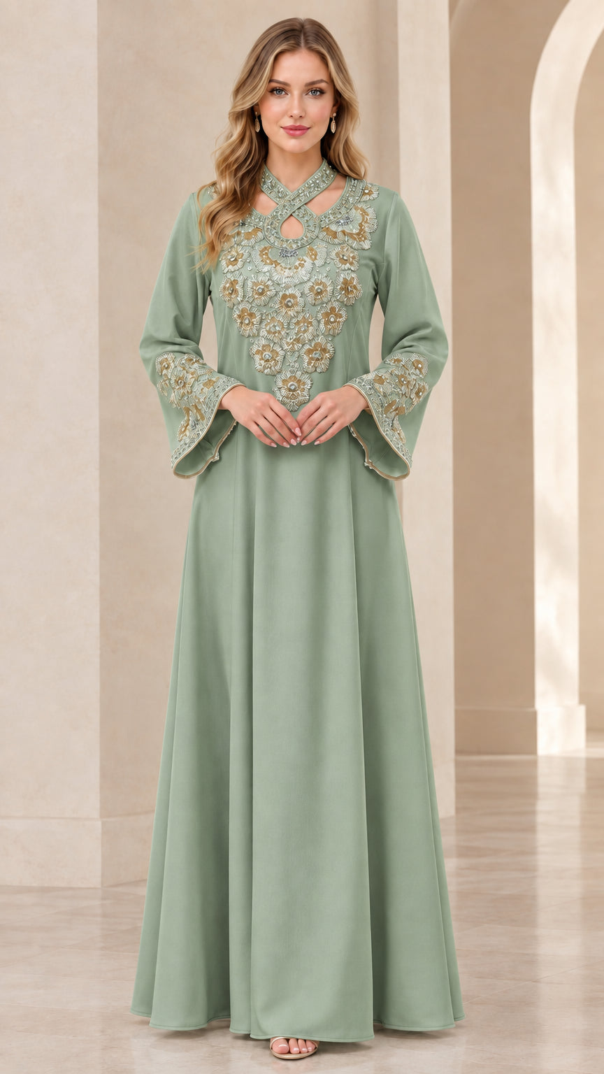 Sage green modest maxi kaftan gown with metallic floral chest embroidery