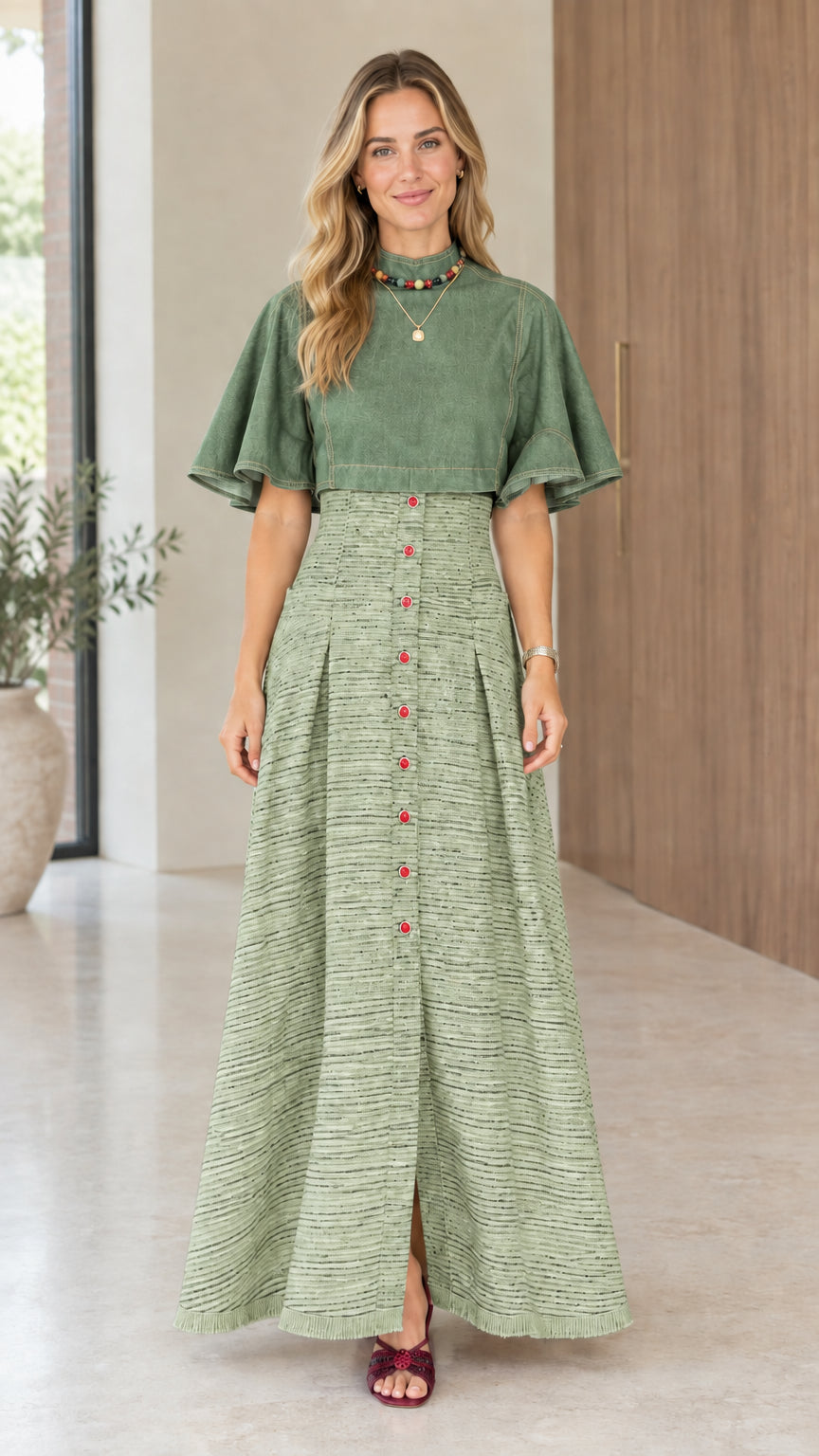 Model wearing sage green monochromatic flutter sleeve tweed maxi dress