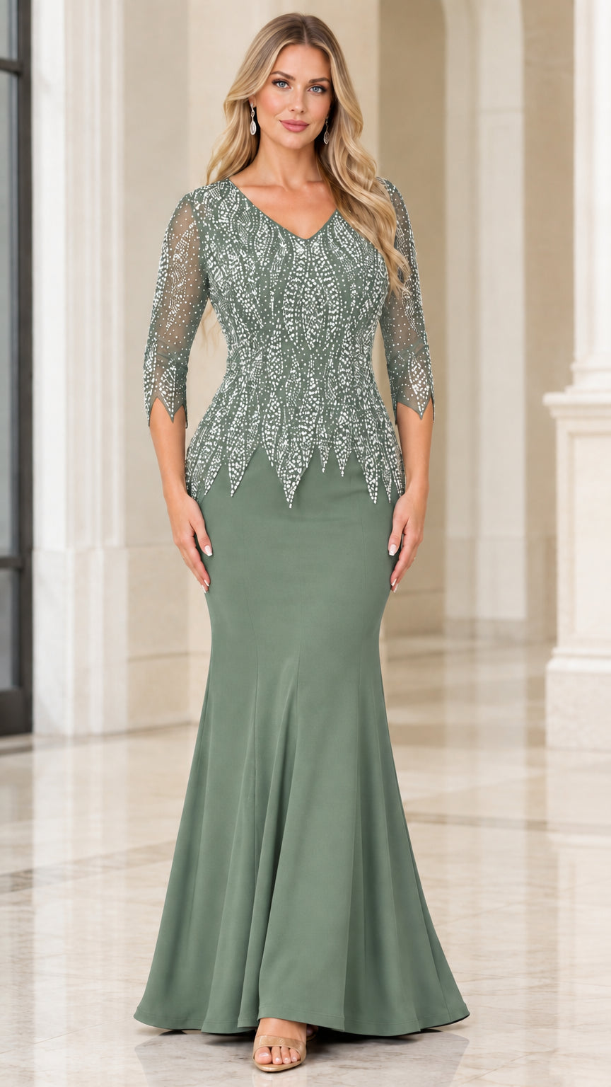 Woman wearing sage green embellished V-neck maxi evening gown