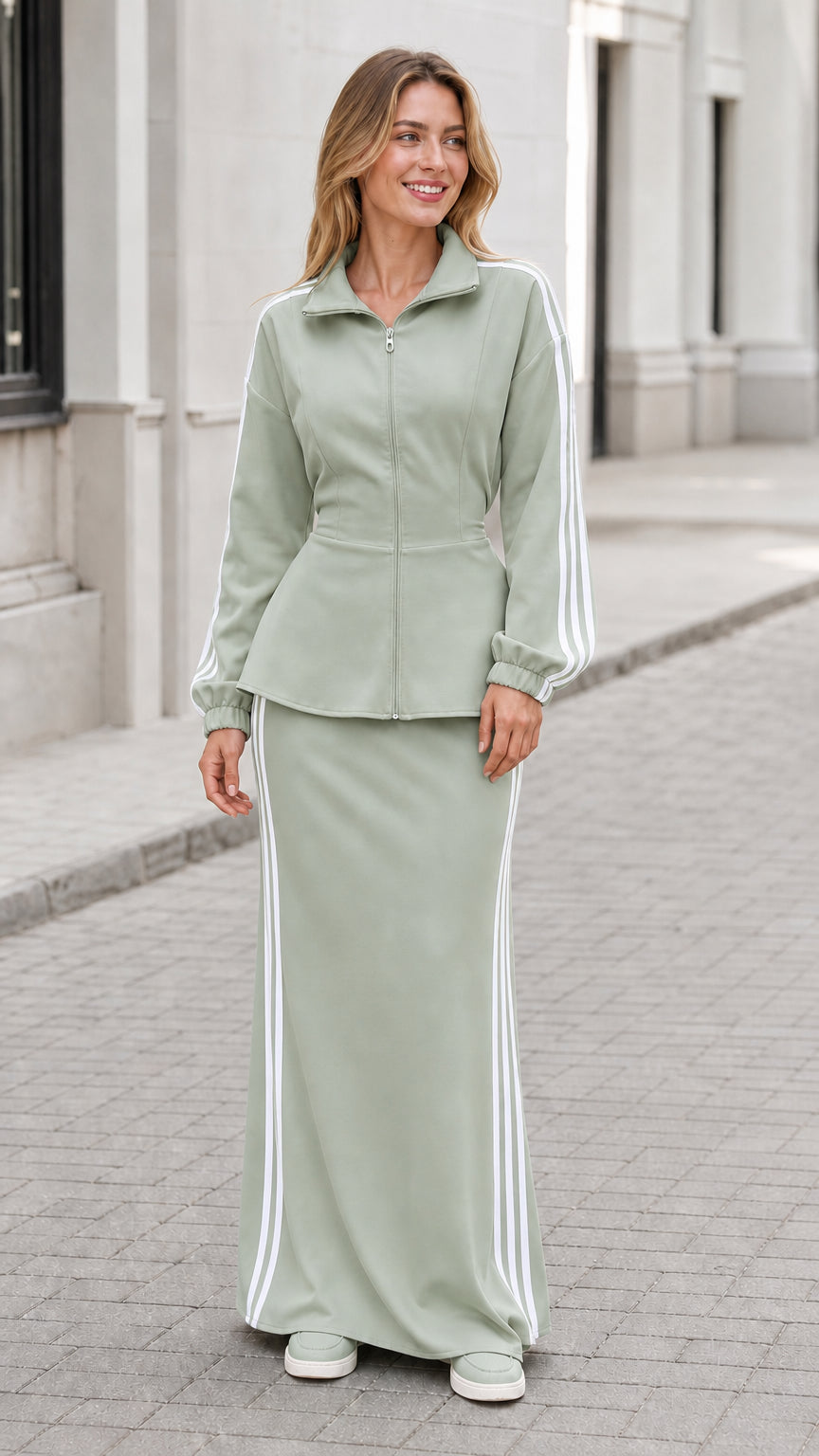 Woman wearing sage green zip-front jacket and matching long maxi skirt set
