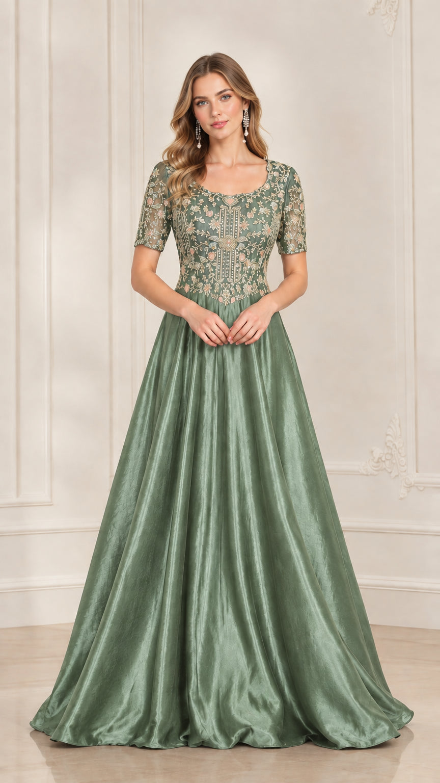Front view of model wearing Sage Green embroidered short sleeve formal gown