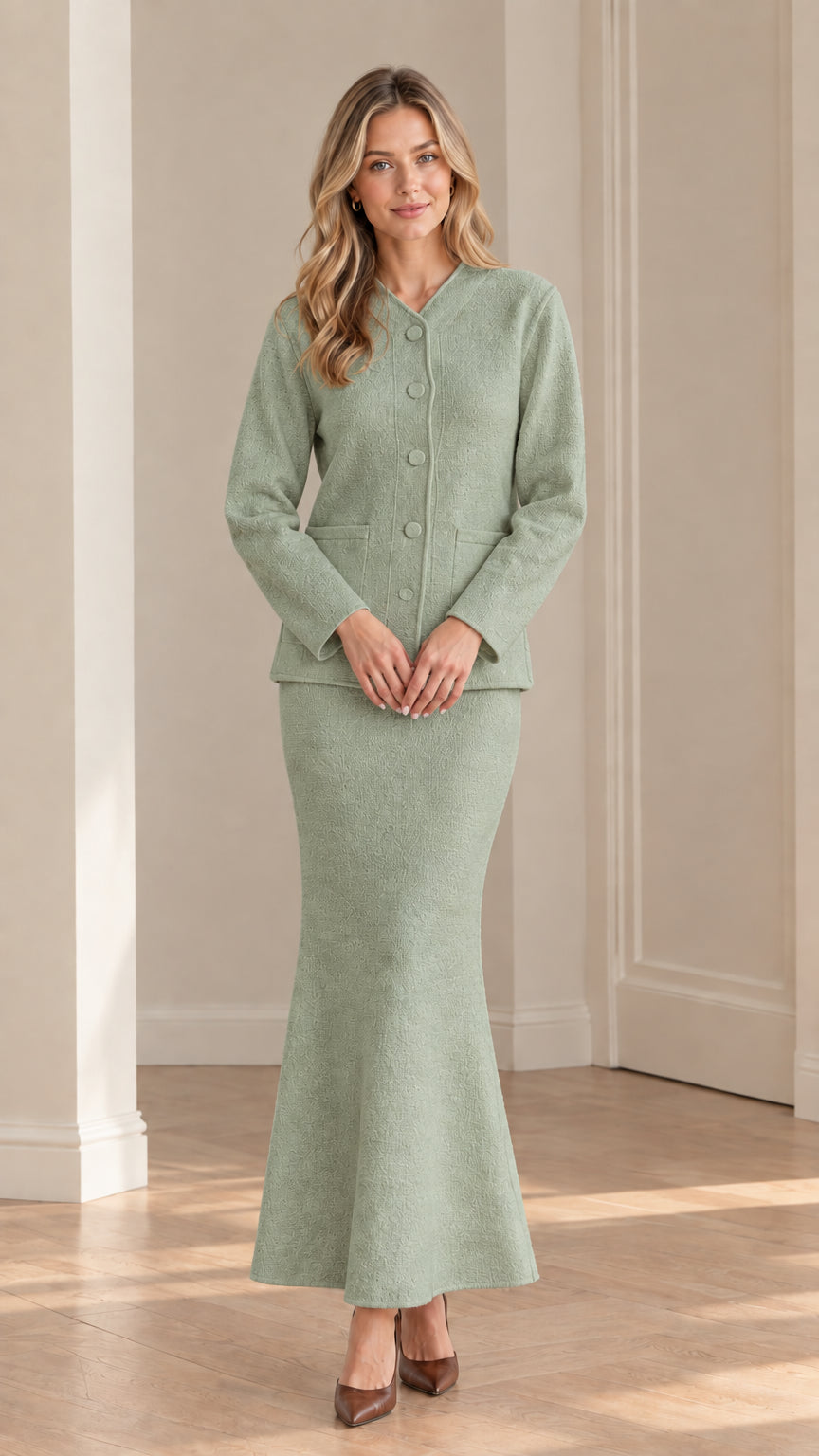 Sage green textured blazer and maxi skirt two-piece set on model