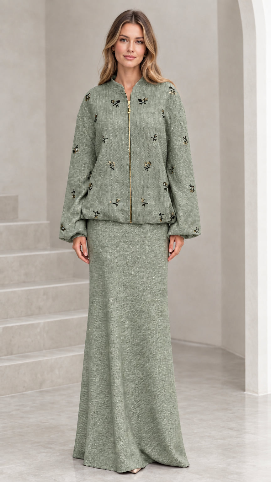 Full-length view of sage green beaded tweed jacket and long skirt set