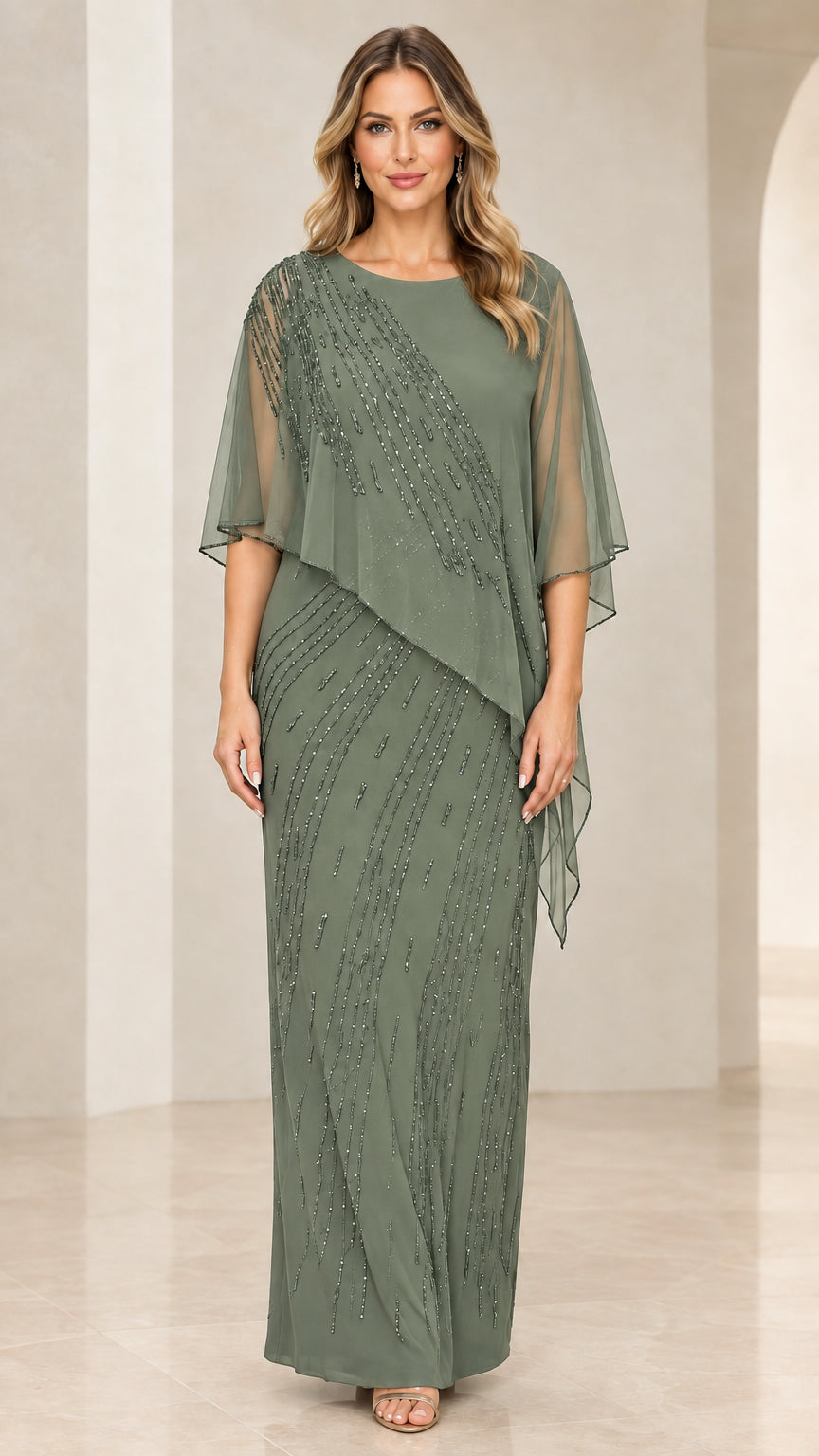 Front view of model wearing Sage Green beaded capelet maxi dress
