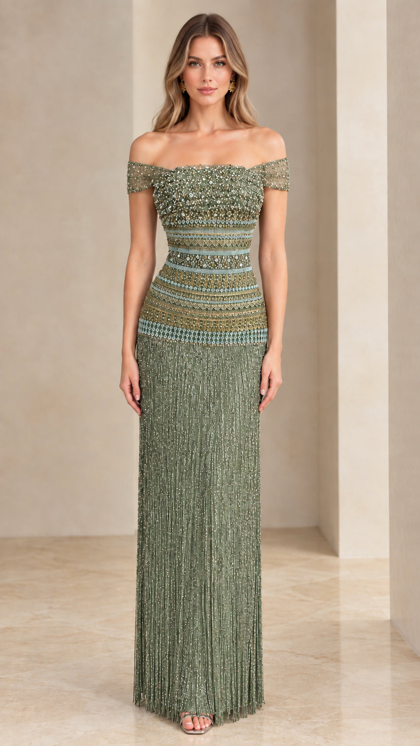 Front view of sage green off-the-shoulder beaded fringe evening gown