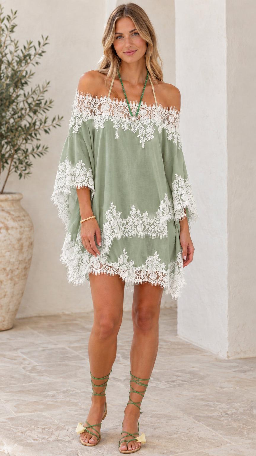 Model wearing Sage Green lace trim halter beach dress with tie-up sandals