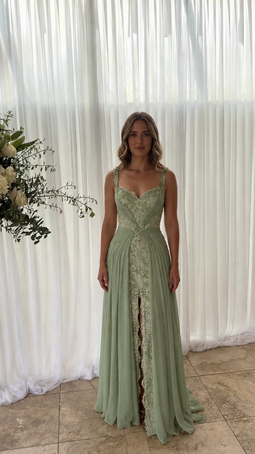 Front view of model wearing sage green pleated chiffon formal gown with lace slit
