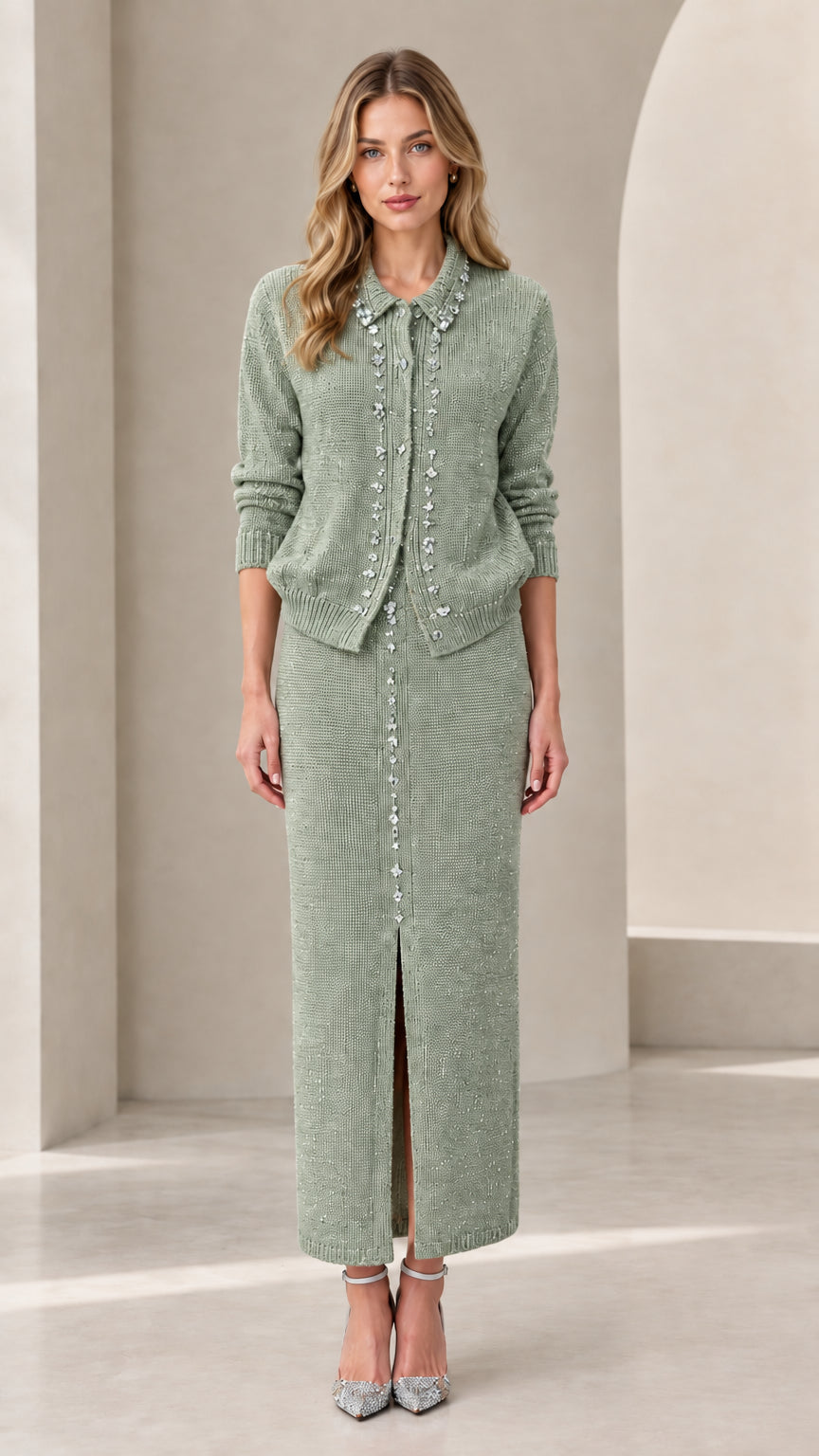 Sage green rhinestone embellished knit cardigan and maxi skirt set