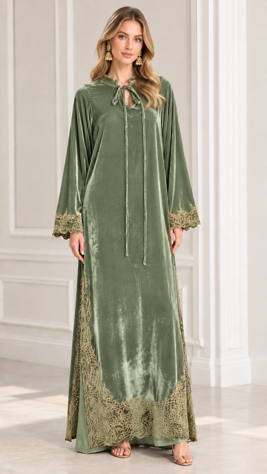 Full front view of model wearing Sage Green embroidered velvet kaftan dress