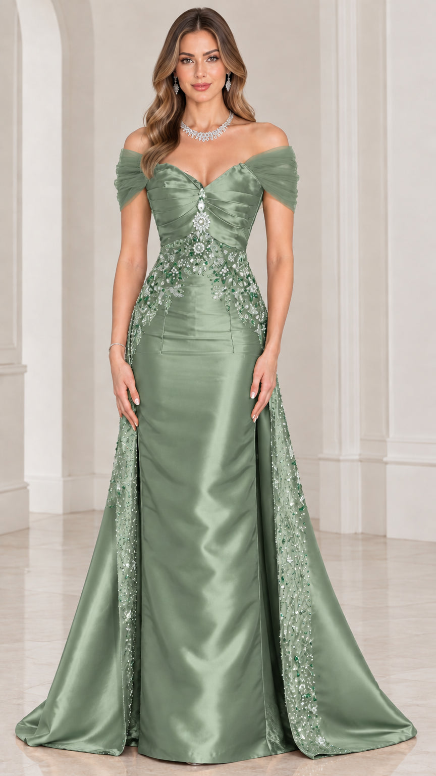 Front view of sage green off-the-shoulder satin evening dress with overskirt
