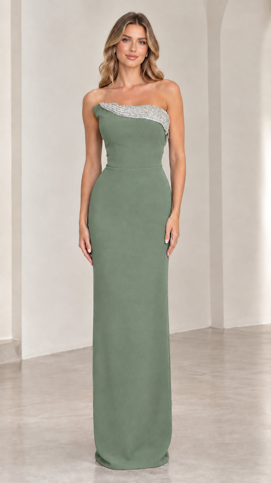 Front view of sage green strapless column maxi dress with crystal trim